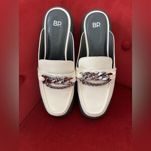 BP White Leather with Chain Loafer Mules